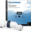 A Hayward W3AQR3 AquaRite Salt Chlorination System for In-Ground Pools up to 15,000 Gallons generator with a water hose.